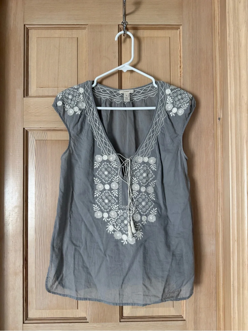J. Crew Gray Embroidered V-Neck Peasant Top with Ivory Detailing